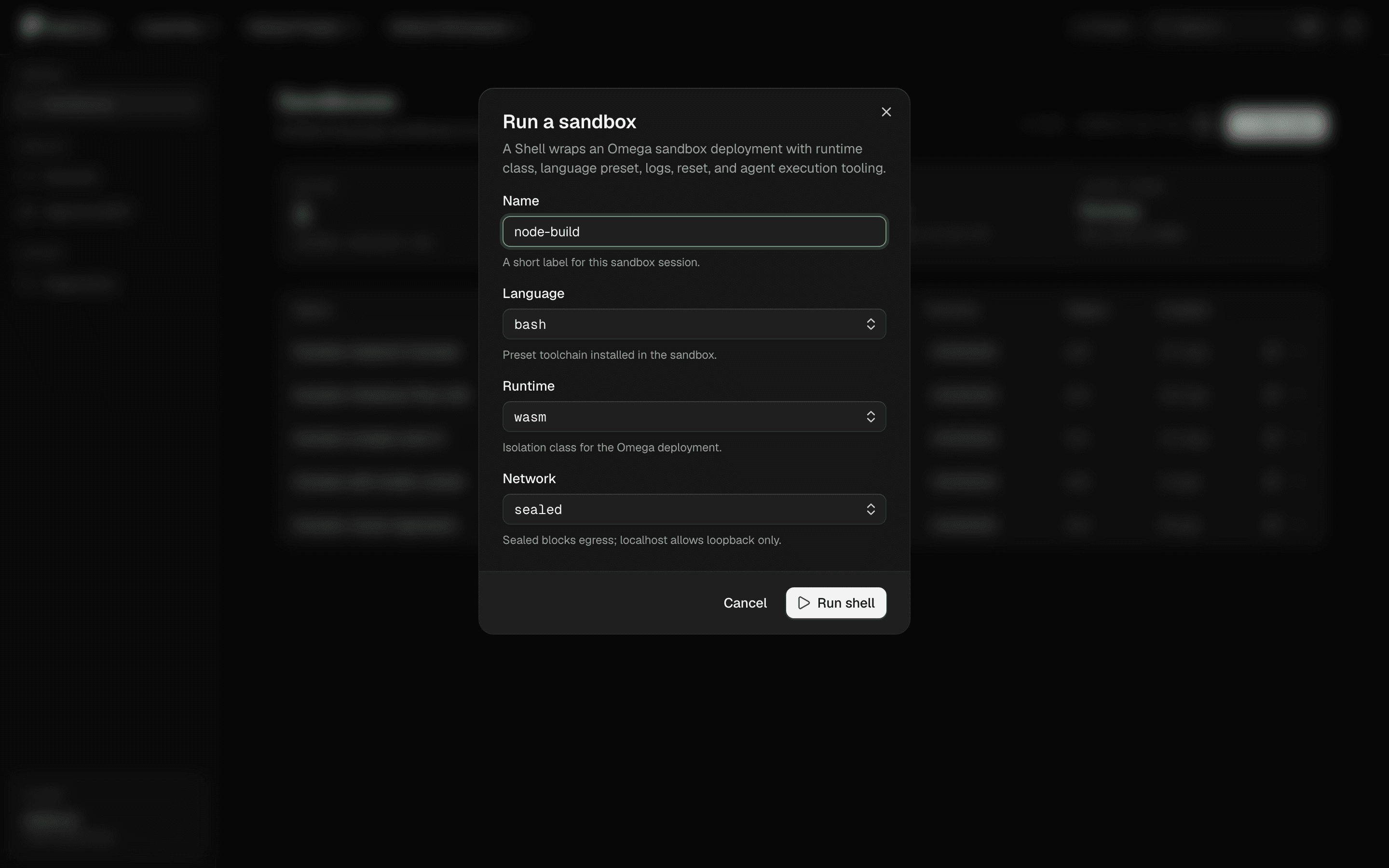 Create-shell dialog with language, runtime, and network selectors