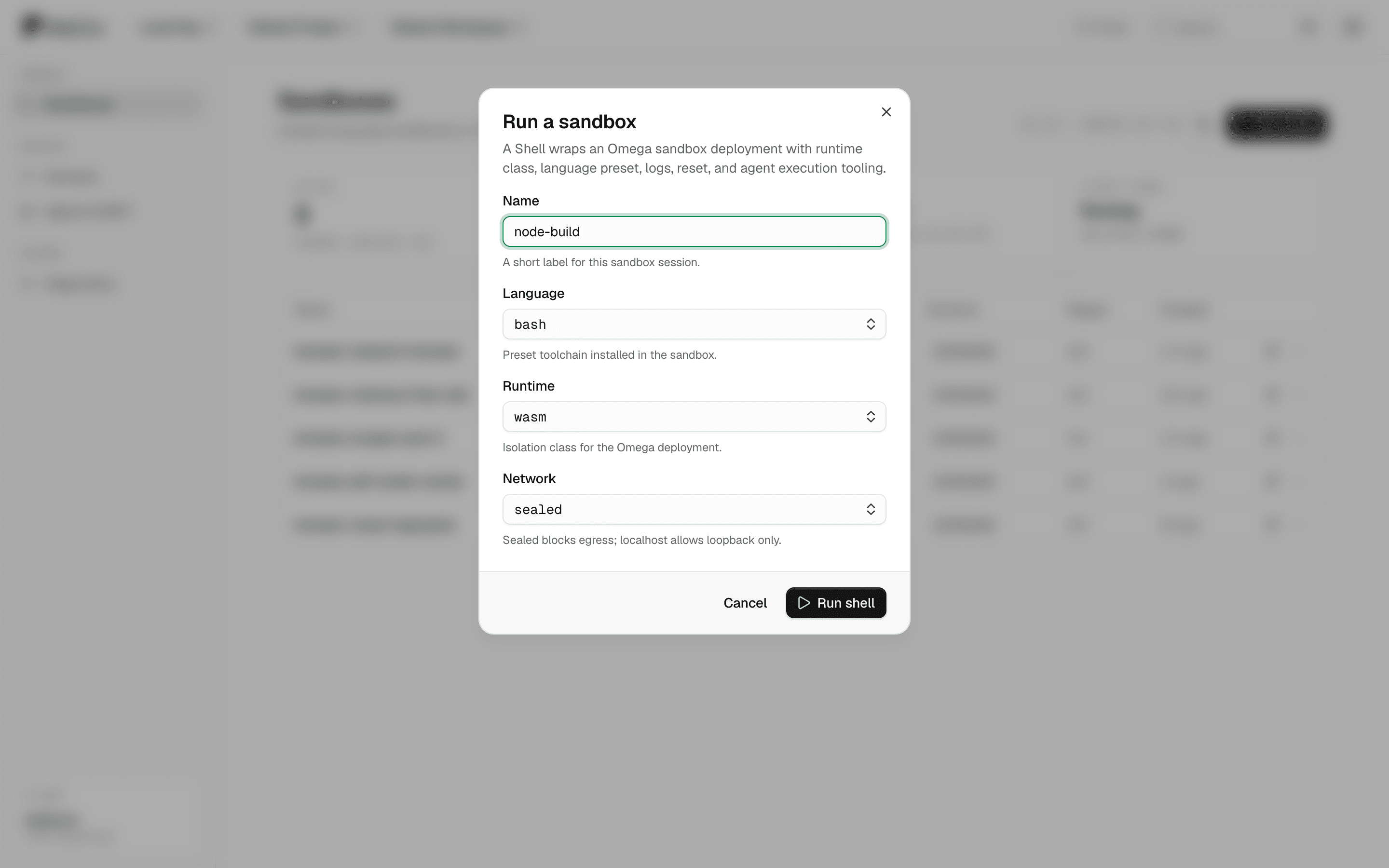 Create-shell dialog with language, runtime, and network selectors