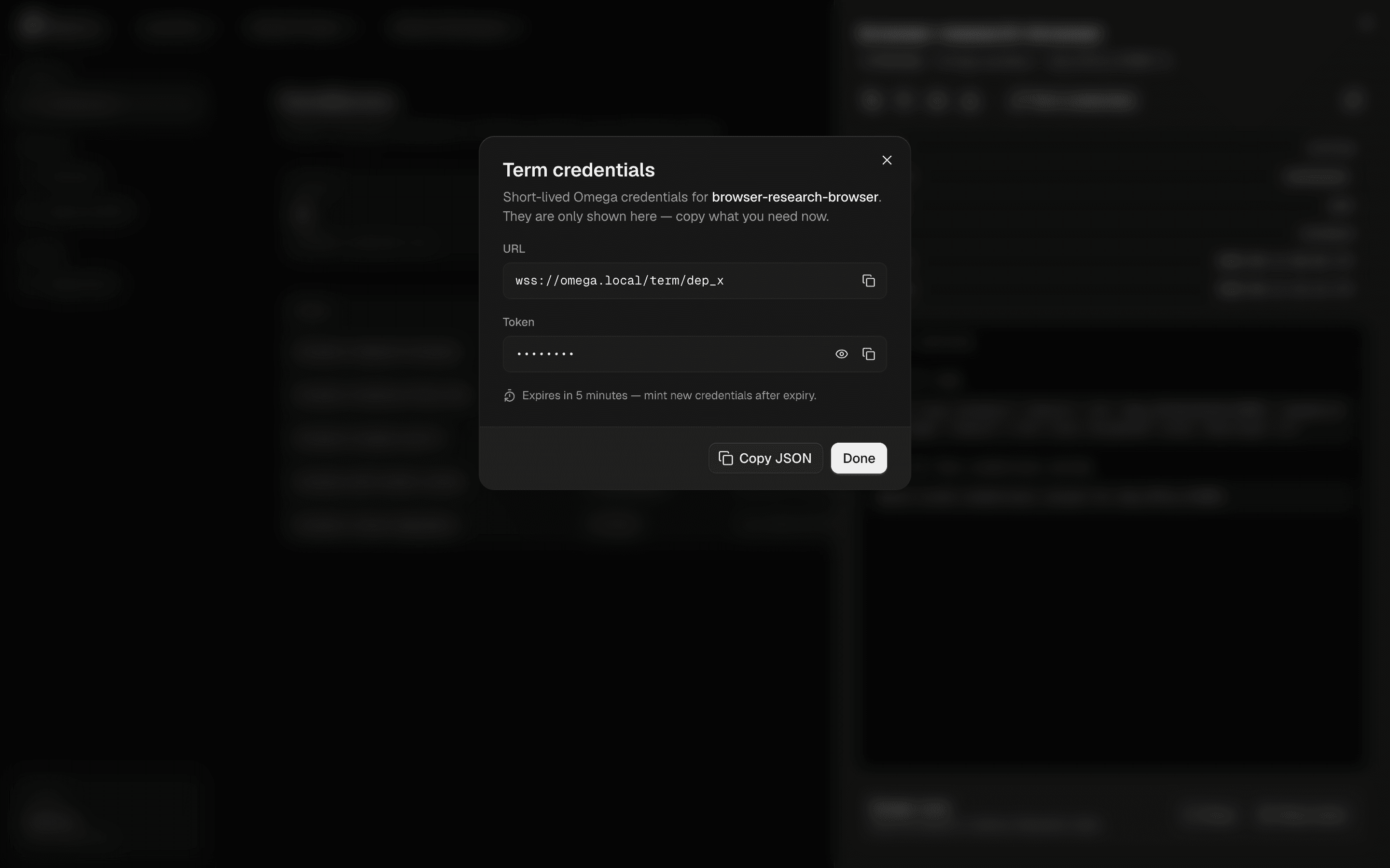 Masked short-lived term credentials dialog