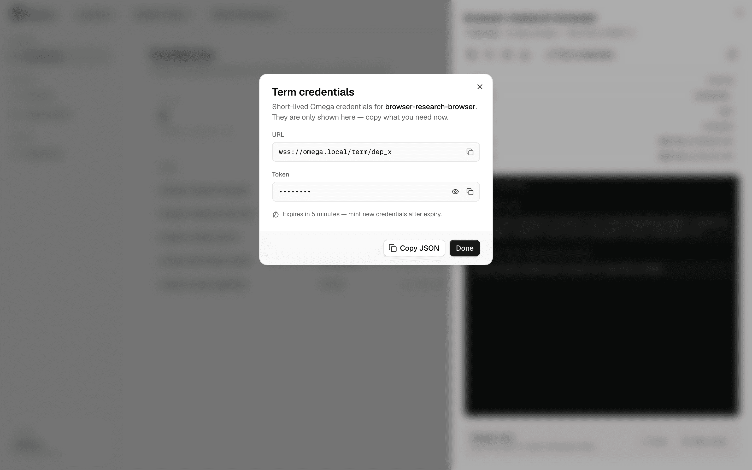 Masked short-lived term credentials dialog