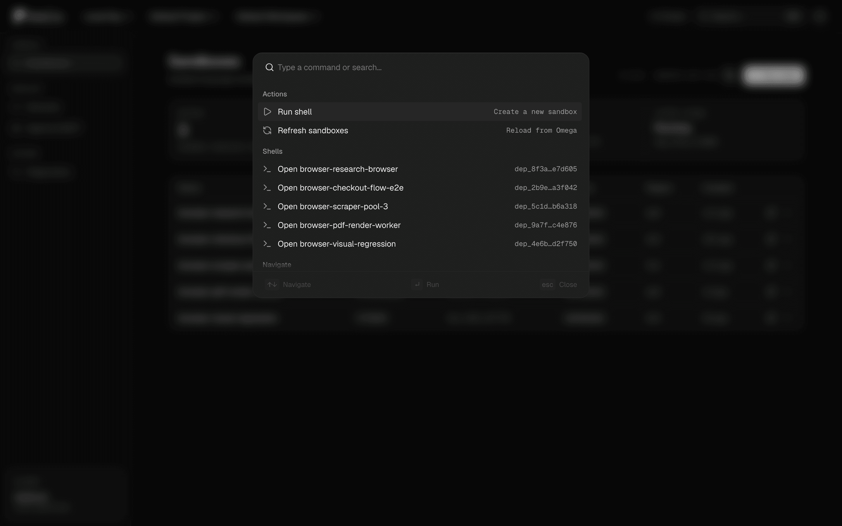 Command palette with run, refresh, and per-shell navigation