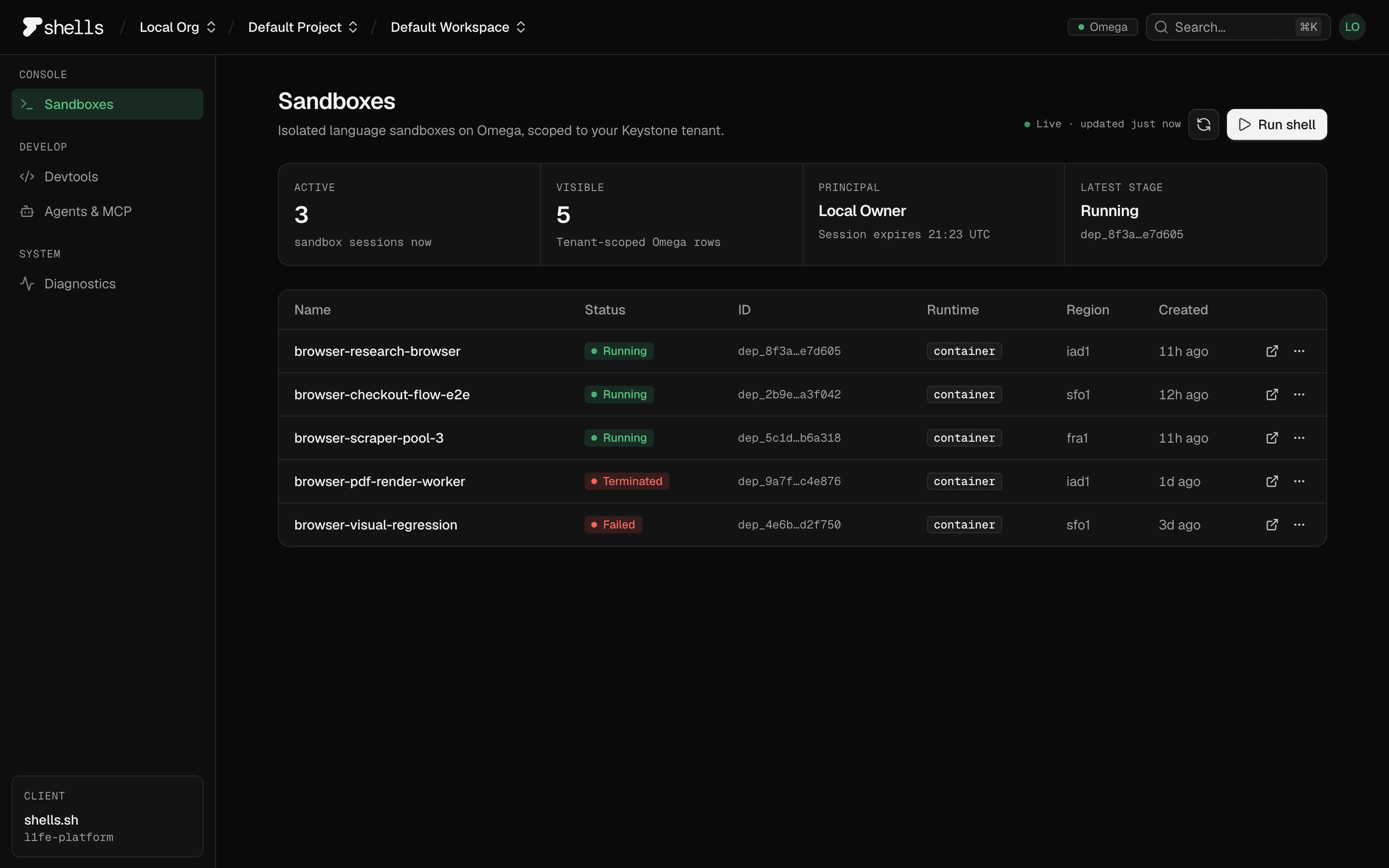 Shells console — live sandbox fleet with status, runtime, and region for each shell