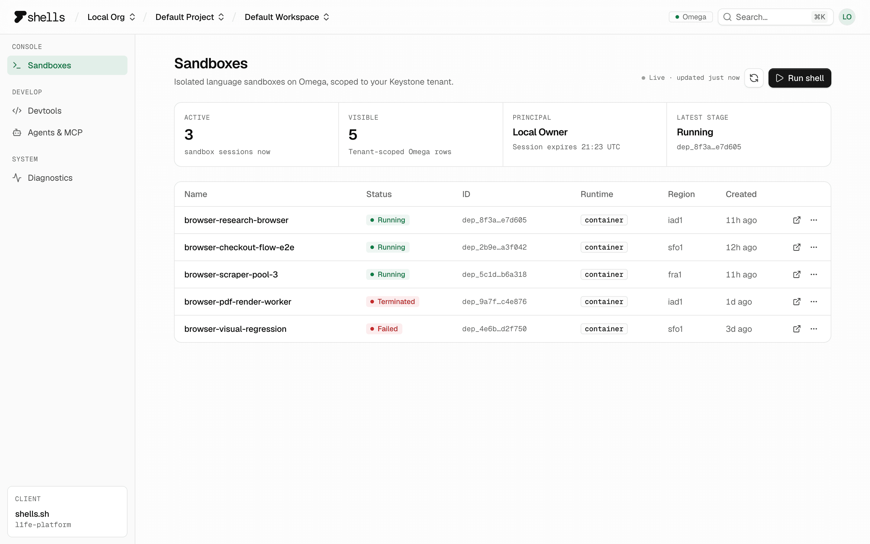 Shells console — live sandbox fleet with status, runtime, and region for each shell